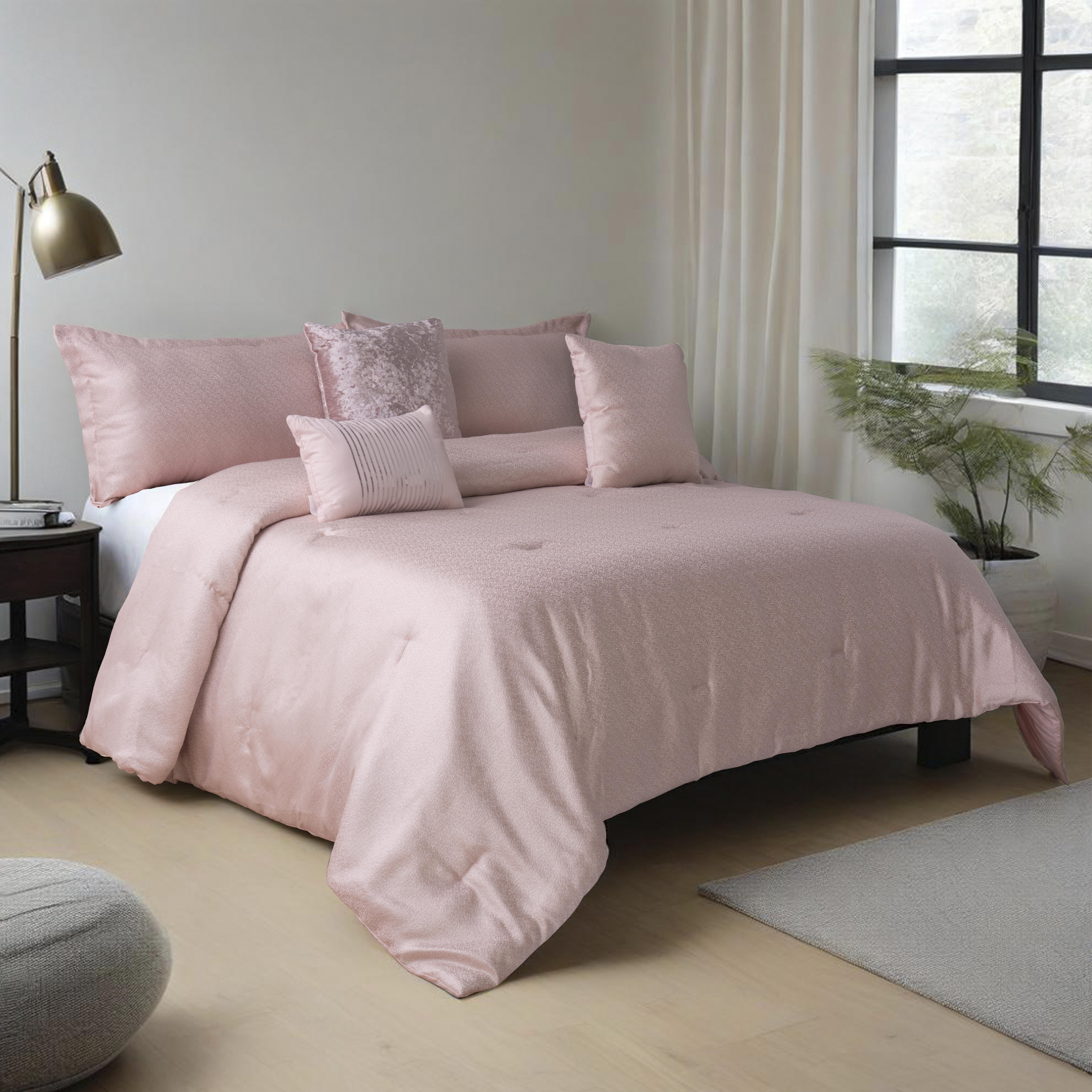 Evjk Mountain Ranges 6-Piece Queen Comforter Set - Pink Jacquard & Brushed Fabric, 2 Pillowshams and 3 Decorative Pillows, Luxury Hotel Style,King