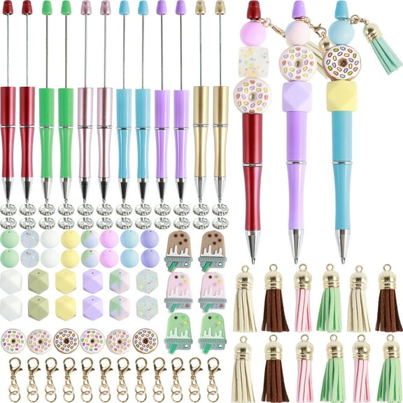 Evjurcn 12Pcs Beadable Pen Set Assorted Plastic Bead Pens with Colorful Beads and Spacer Beads DIY Beaded Pens Multicolor Beads Pens for Kids Office School Craft Making