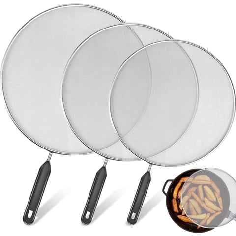 3 Piece Stainless Steel Fine Mesh Splatter Screen Set, 13", 11.4", 9.8" Splatter Screen for Frying Pan, Grease Splatter Guard with Heat-Resistant Handles