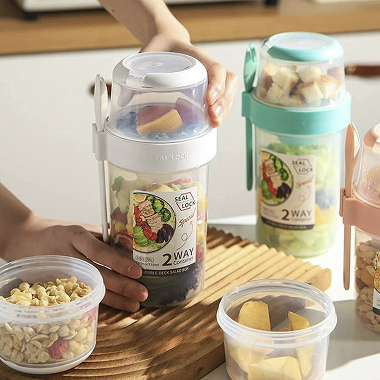 Evjurcn 2 Pack 2 Tier Breakfast On the Go Cups Take and Go Yogurt Cup with  Topping Cereal or Oatmeal Container with Spoon and Lid 870ml 
