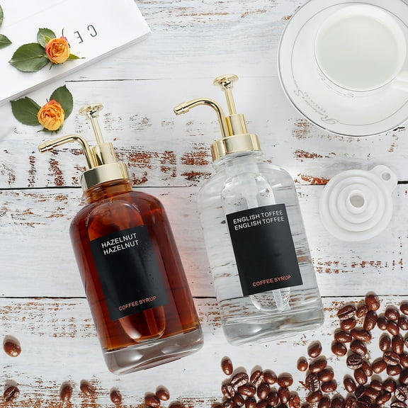 Evjurcn 2 Pack Coffee Syrup Dispenser for Coffee Bar Accessories with 18 Labels 16.9oz 500ml Coffee Syrup Container Minimalist Clear Glass Syrup Bottle