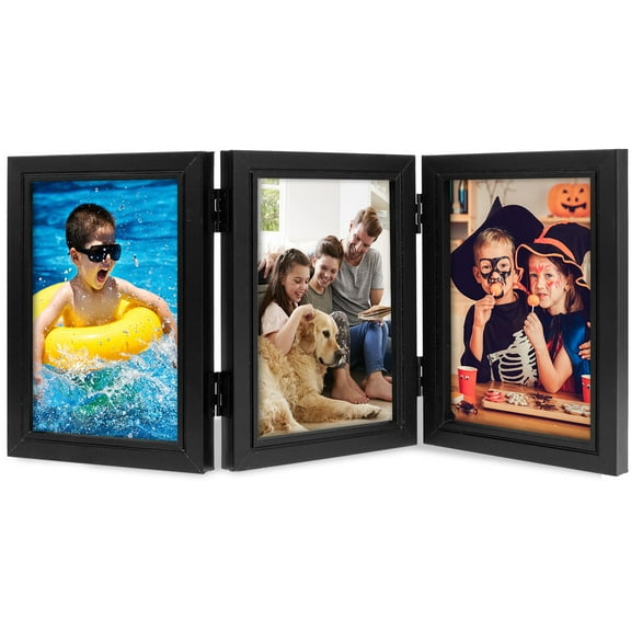 Evjurcn 3-Opening 6.7x4.7”Picture Frame,Hinged Triple Folding Picture Frame 180° Foldable Hinged Picture Frame Stand Vertically on Desktop Photo Frame with Glass Front Black Foldable Frame