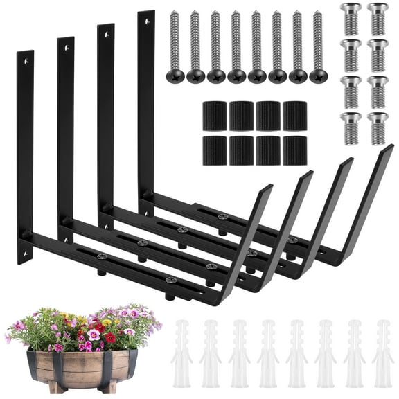 Evjurcn 4 Pack Window Box Brackets Adjustable Planter Box Bracket Heavy Duty Iron Flower Box Holder Wall Mount Flower Box Bracket for Railings Deck Windowsills Gardens Fences and Balconies