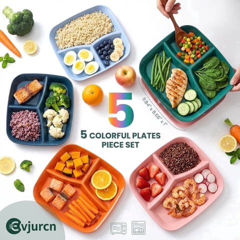 5 Pcs Square Divided Plates, 3 Compartments Portion Control Plates, Reusable Plastic Divider Dinner Plates for Kids and Adults, Microwave and Dishwasher Safe