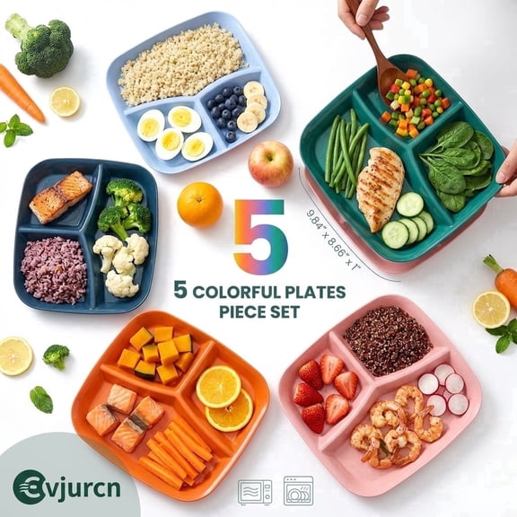 5 Pcs Square Divided Plates, 3 Compartments Portion Control Plates, Reusable Plastic Divider Dinner Plates for Kids and Adults, Microwave and Dishwasher Safe