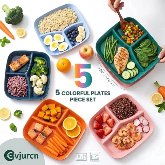Evjurcn 5Pcs Divided Dinner Plates 3 Compartments Divided Dinner Plate Stackable Portion Control Plates Reusable Divider Plates for Kids and Adults Microwave and Dishwasher Safe