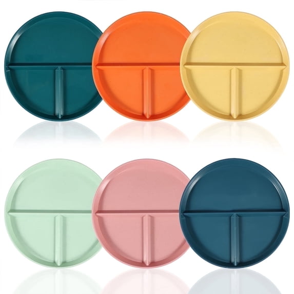 Evjurcn 6Pcs Divided Dinner Plates 3 Compartment Unbreakable Dinner Diet Plates Stackable Portion Control Dish Reusable Divider Plates Microwave Dishwasher Safe for Kids Adults Seniors