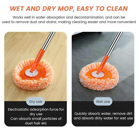 Evjurcn Cleaning Mop 360° Rotatable Adjustable Sunflower Mop Extendable Soft Super Water Absorption Wall Cleaning Mop ,orange-4 poles plus 4 mop cloths