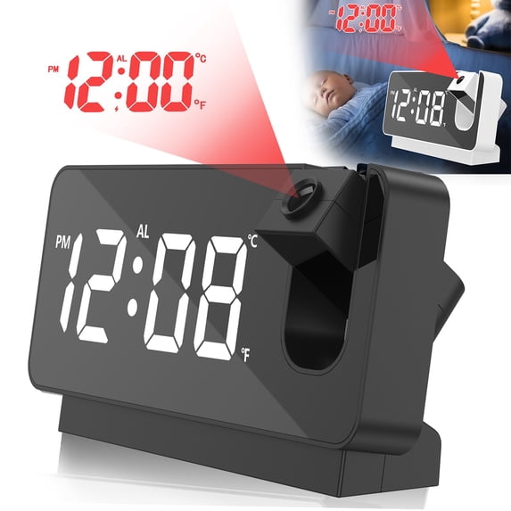 Evjurcn Digital Projection Alarm Clock for Bedroom LED Digital Clock Projection on Ceiling Wall with USB Charging Port 180Projector 12/24H for Heavy Sleeper
