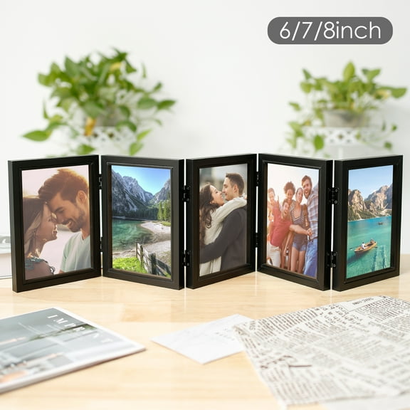 Evjurcn Hinged Picture Frame with Glass 5 Photos Folding Photo Frame 180° Foldable Desk Picture Frame Dustproof Folding Hinged Picture Frame Easy Loading Hinged Photo Frames 6in/7in/8in for Home
