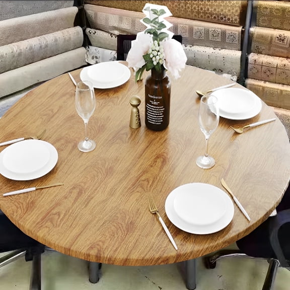 Evjurcn Indoor Outdoor Patio Round Tablecloth, Elastic Edge, Waterproof Wipeable Plastic Table Cover, Wood Texture for 6-Seat Table of 40-44’’ Diameter