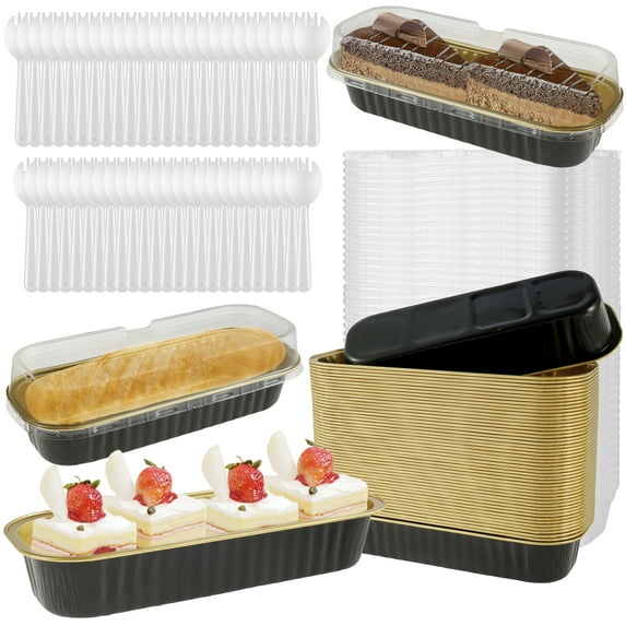 Evjurcn Pack of 150 Mini Cake Pans with Lids and Spoons 200ml Non-Stick Rectangle Aluminum Foil Baking Pans Tins Containers Mini Loaf Pans Baking Cups Muffin Tins Cupcake Cups(Black)