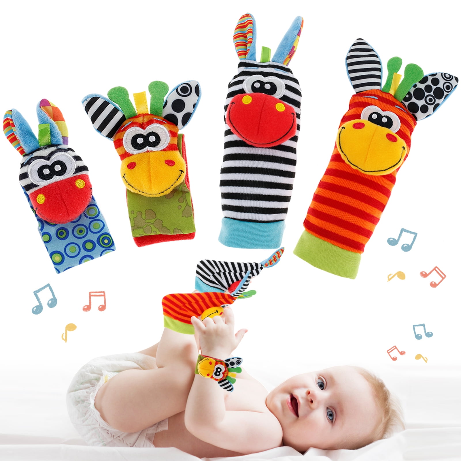 Evjurcn Pack of 4 Wrist Rattles Foot Finder Rattle Sock Baby Toy Rattle