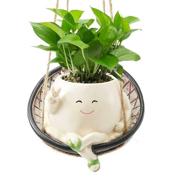 Evjurcn Swing Face Planter Pot Smile Flowers Pot Cute Hanging Swing Planter Resin Swing Plant Pot Hanging Head Succulent Pots for Home Garden Decor