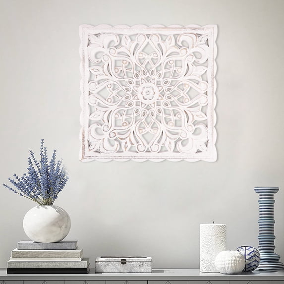 Evjurcn Wooden Wall Decor Art Hollow Carved Wall Panel Hanging Decor Wall Art Sculpture Ornament Floral-Patterned Distressed White Wall Panel for living Room Hallway Bedroom