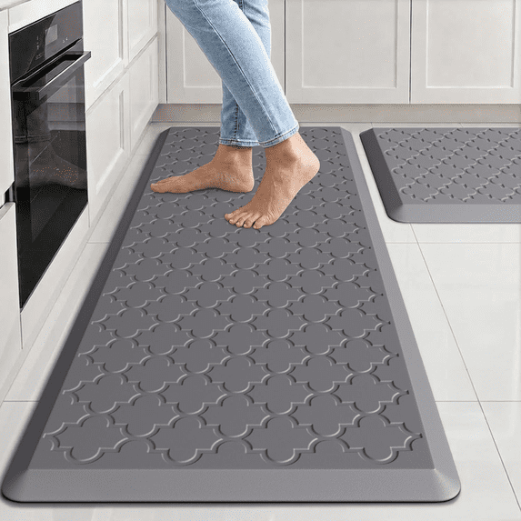 Evlmd 2PCS Anti Fatigue Kitchen Mats for Floor, Waterproof Cushioned Non Slip Kitchen Rugs, Comfort Standing Mat for Sink, PVC Kitchen Mat for Laundry, Office, 17"x29.5"+17"x59", Grey