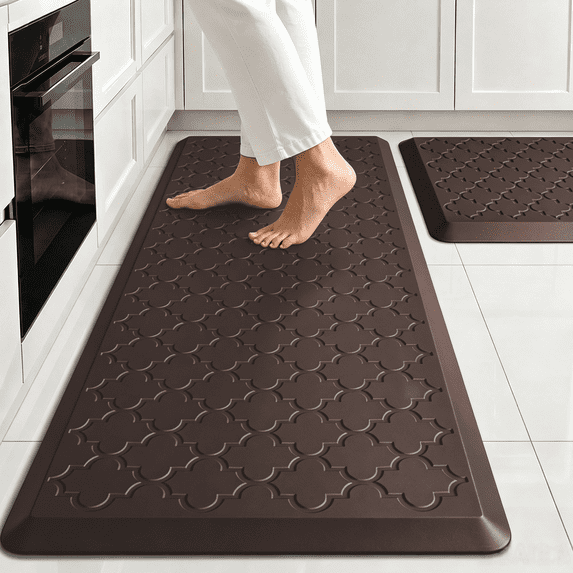 Evlmd 2PCS Anti Fatigue Kitchen Mats for Floor, Waterproof Cushioned Non Slip Kitchen Rugs, Comfort Standing Mat for Sink, PVC Kitchen Mat for Laundry, Office, 17"x29.5"+17"x59", Brown