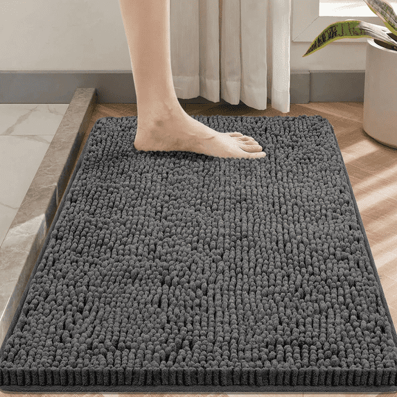 Evlmd Bathroom Rugs, Soft Chenille Non-Slip Bath Rug, Strong Water Absorbent Quick Dry Machine Washable, 16" x 24" Dark Grey Shower Mat for Tub & Bathroom Floor