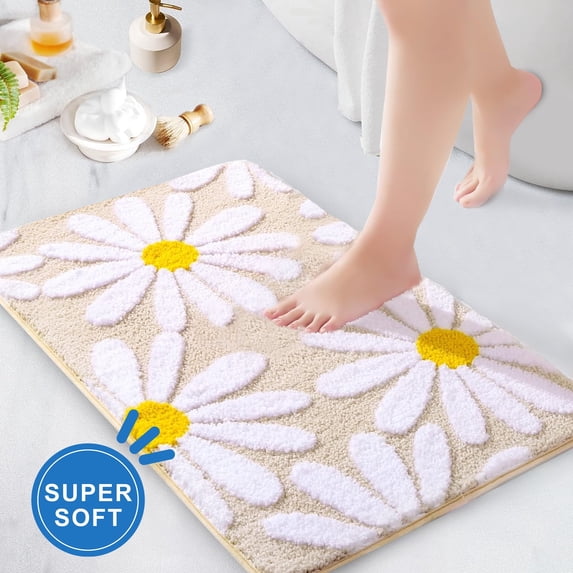 Evlmd Bathroom Rugs Non Slip Washable, Beige Large Bath Mats for Bathroom Floor, Soft Cute Daisy, Shaggy Soft and Absorbent, Thick Plush Shower Bath Rug Runner Decor, 16" X 24"