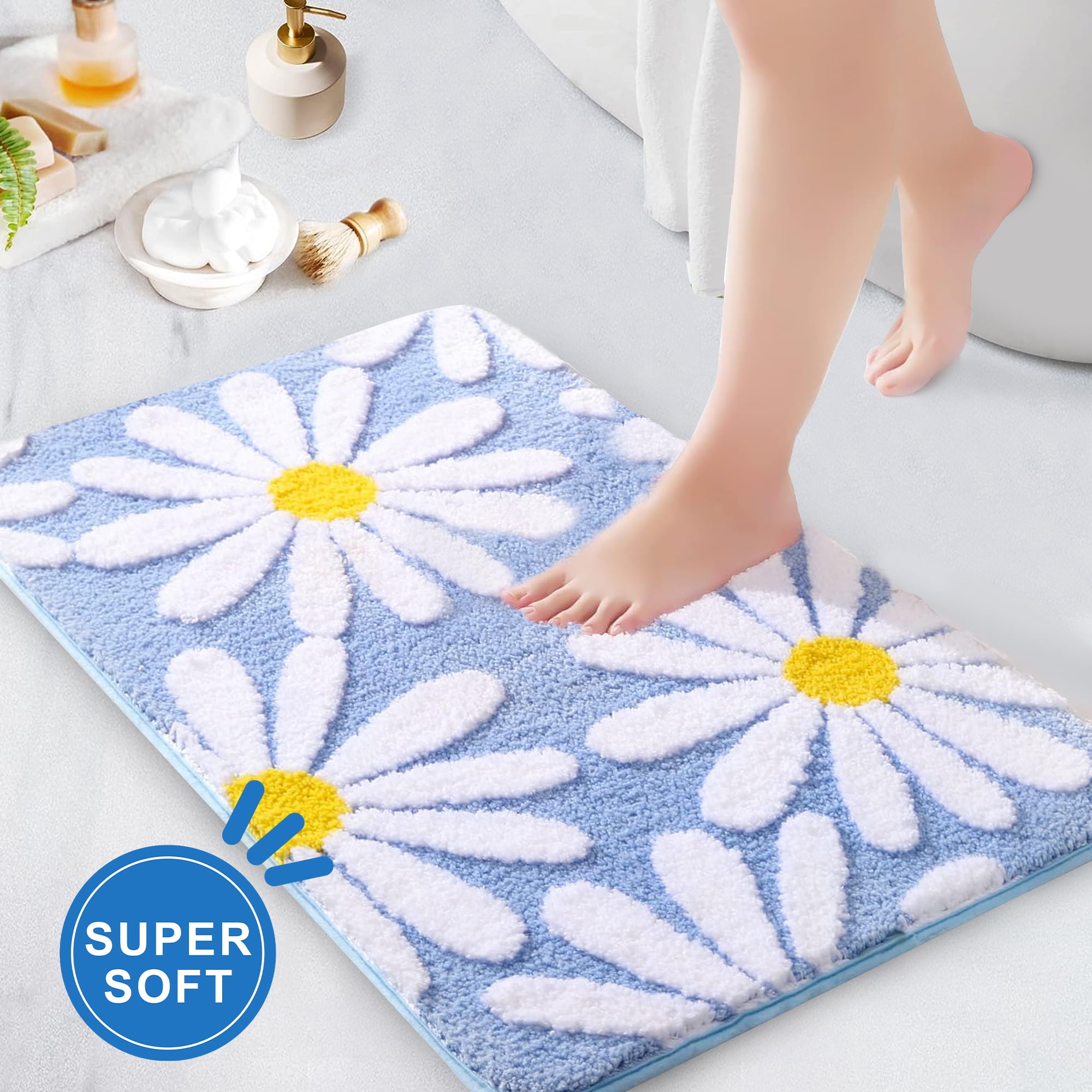 Evlmd Bathroom Rugs Non Slip Washable, Blue Large Bath Mats for Bathroom Floor, Soft Cute Daisy ...
