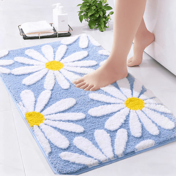 Evlmd Bathroom Rugs Non Slip Washable, Blue Large Bath Mats for Bathroom Floor, Soft Cute Daisy, Shaggy Soft and Absorbent, Thick Plush Shower Bath Rug Runner Decor, 24" X 36"