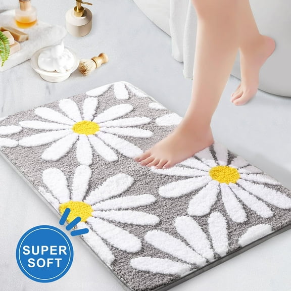 Evlmd Bathroom Rugs Non Slip Washable, Gray Large Bath Mats for Bathroom Floor, Soft Cute Daisy, Shaggy Soft and Absorbent, Thick Plush Shower Bath Rug Runner Decor, 20" X 32"