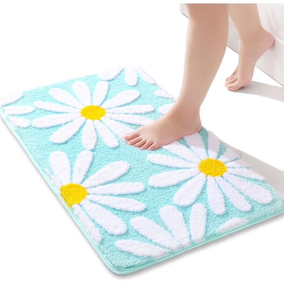 Evlmd Bathroom Rugs Non Slip Washable, Gray Large Bath Mats for Bathroom Floor, Soft Cute Daisy, Shaggy Soft and Absorbent, Thick Plush Shower Bath Rug Runner Decor