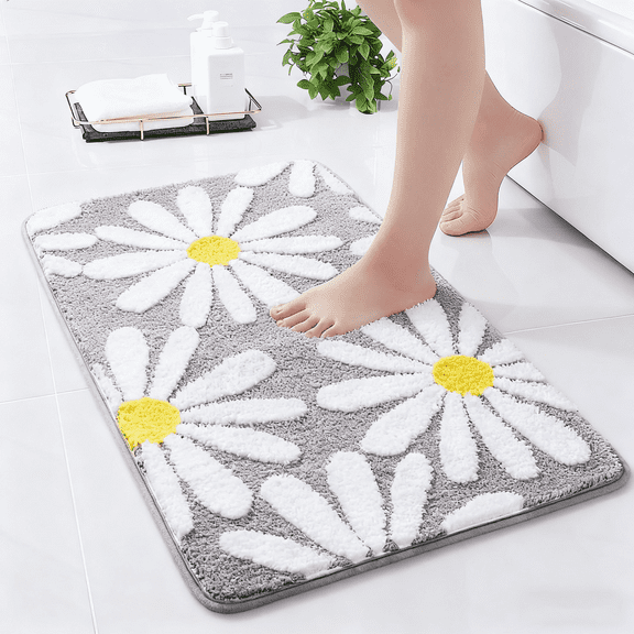 Evlmd Bathroom Rugs Non Slip Washable, Gray Large Bath Mats for Bathroom Floor, Soft Cute Daisy, Shaggy Soft and Absorbent, Thick Plush Shower Bath Rug Runner Decor, 20" X 32"