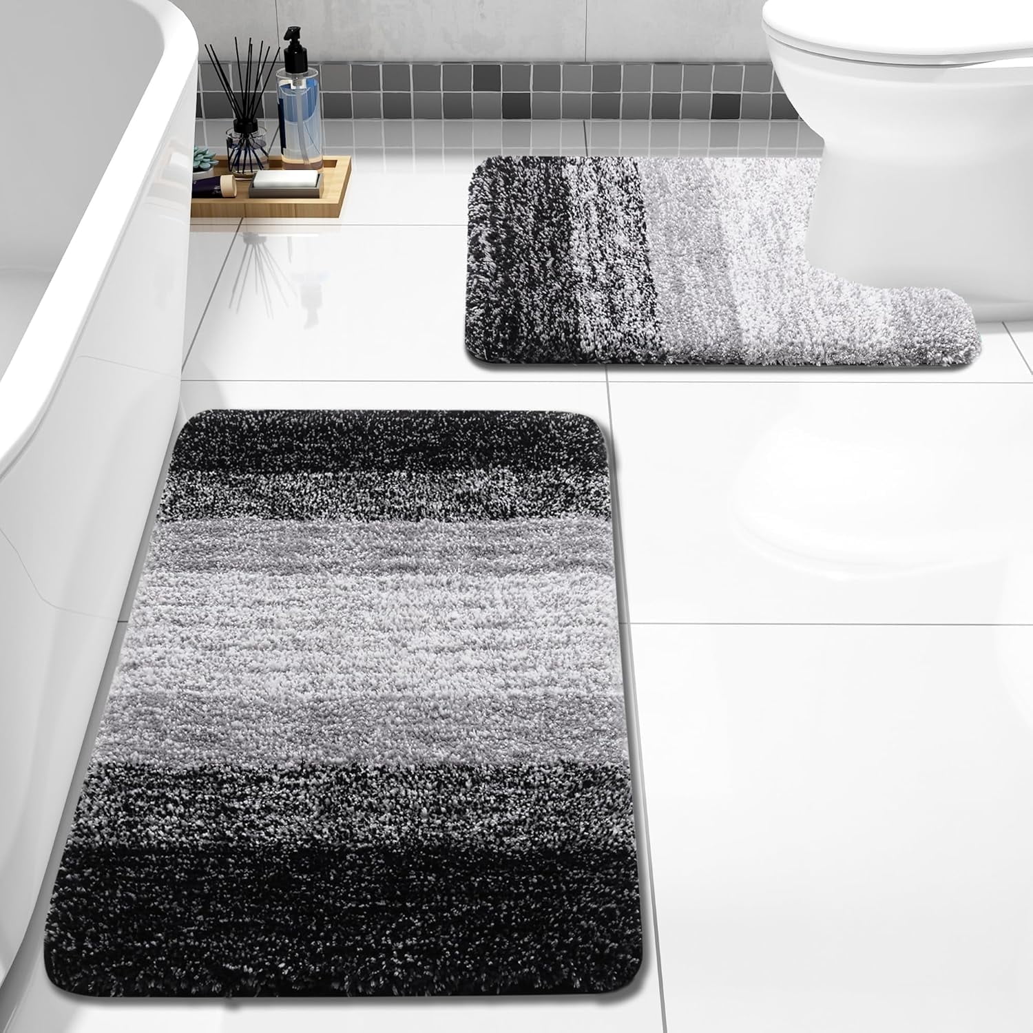 Evlmd Bathroom Rugs Sets 2 Piece, Soft Absorbent Microfiber Bath Rug Set, Non-Slip, Machine Wash Dry, Plush Shaggy Bath Mats for Bathroom (24"x16"+U-24"x20", Black)