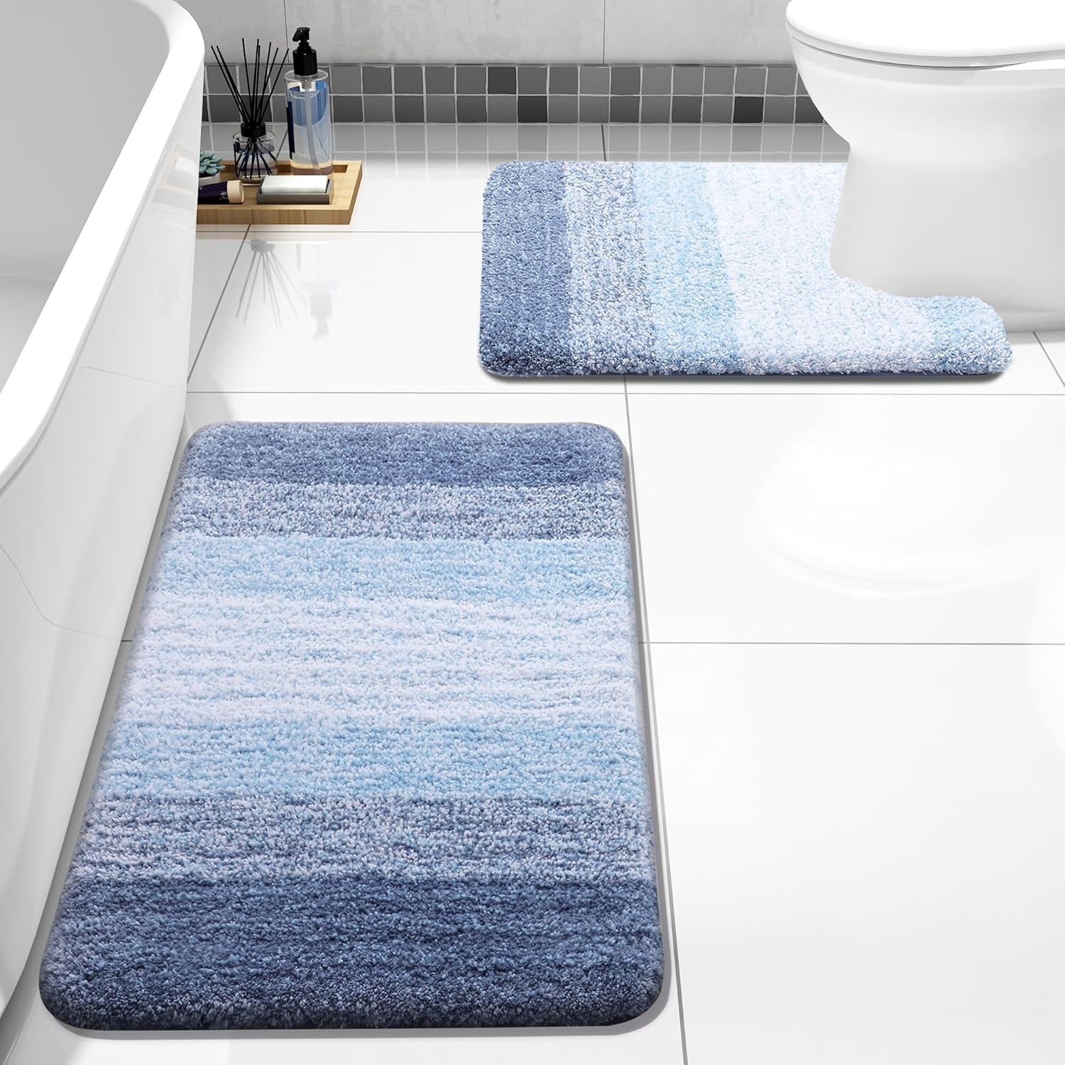Evlmd Bathroom Rugs Sets 2 Piece, Soft Absorbent Microfiber Bath Rug Set, Non-Slip, Machine Wash Dry, Plush Shaggy Bath Mats for Bathroom (24"x16"+U-24"x20", Blue)
