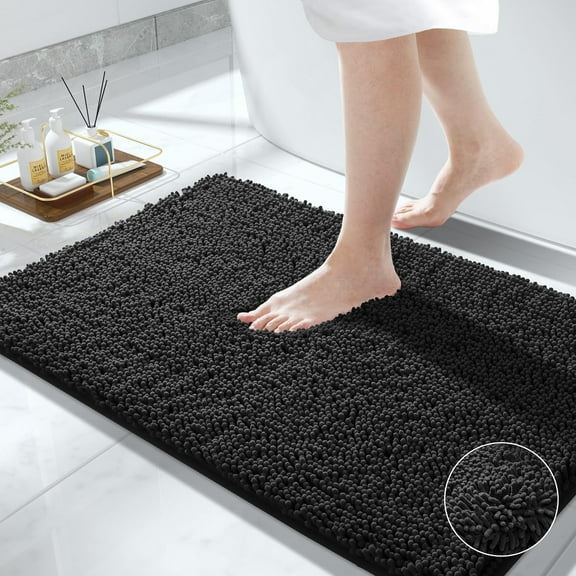 Furrygo Black Chenille Bathroom Rugs, Thick Soft Absorbent Bath Rugs, Machine Washable Bath Mats for Bathroom Floor, Tub and Shower