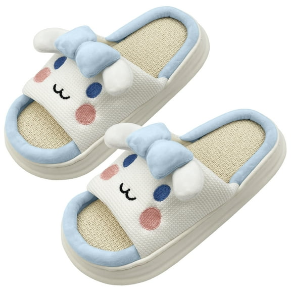 Evlmd Linen Slide Sandals, Cute Cartoon Animal Dog Shape House Slippers for Women Indoor Outdoor, Four Seasons Soft Open Toe Shoes, Blue
