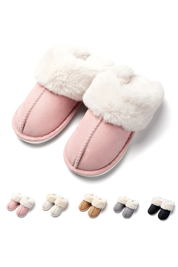 Fuzzy House Slippers for Women, Memory Foam Fluffy Soft Warm Slip On House Slippers, Anti-Skid Cozy Plush for Indoor Outdoor