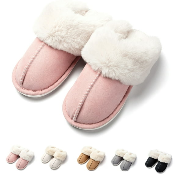 Evlmd Fuzzy House Slippers for Women, Memory Foam Fluffy Soft Warm Slip On House Slippers, Anti-Skid Cozy Plush for Indoor Outdoor