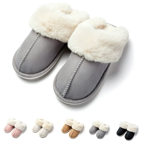 Evlmd Fuzzy House Slippers for Women, Memory Foam Fluffy Soft Warm Slip On House Slippers, Anti-Skid Cozy Plush for Indoor Outdoor