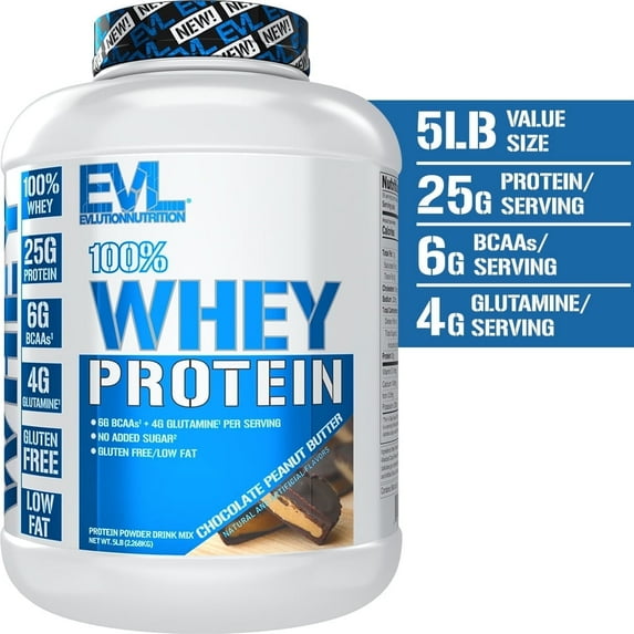 Evlution Nutrition 100% Whey Protein, 25g of Whey Protein, 6g of BCAAs, 4g of Glutamine, Gluten Free (5lb, Chocolate Peanut Butter)