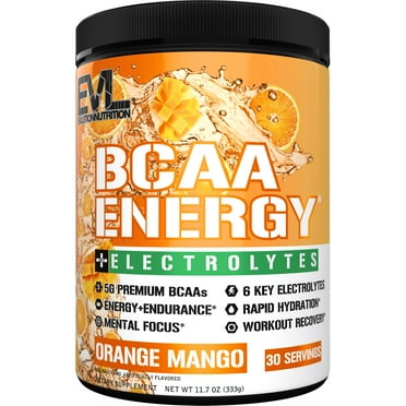Evlution Nutrition BCAA Energy + Electrolytes - Pre-Workout & Recovery Powder - 5G BCAA - Energy & Endurance & Lean Muscle Growth - Amino Acid Supplement & Recovery Drink - 30 Servings - Orange Mango