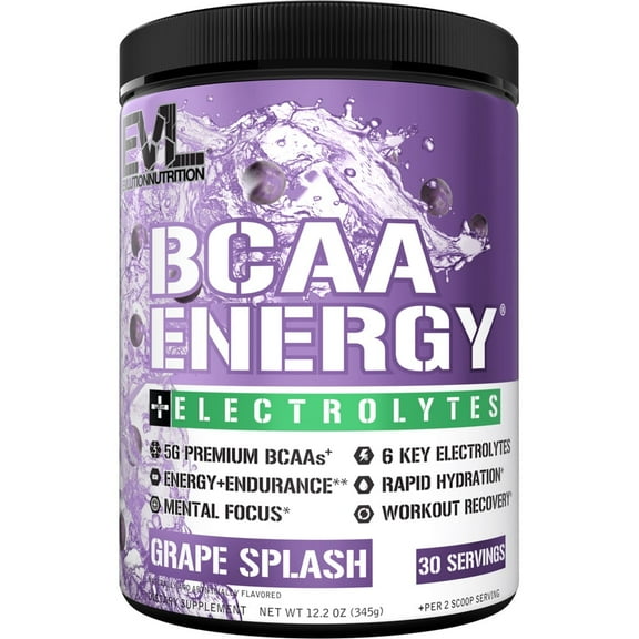 Evlution Nutrition BCAA Energy + Electrolytes - Pre-Workout & Recovery Powder - 5G BCAA - Energy & Endurance & Lean Muscle Growth - Amino Acid Supplement & Recovery Drink - 30 Servings - Grape Splash