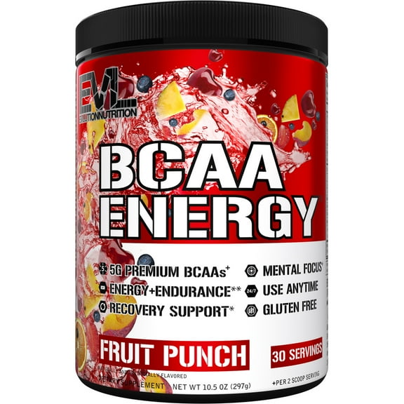 Evlution Nutrition BCAA Powder for Pre Workout & Muscle Recovery, 30 Servings Fruit Punch