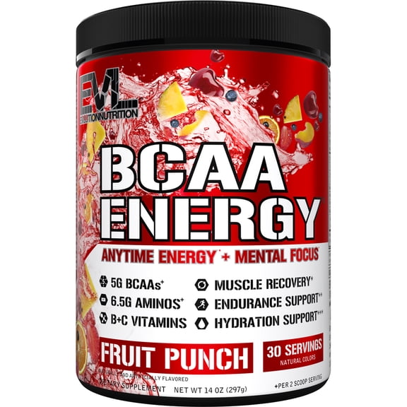 Evlution Nutrition BCAA Powder for Pre Workout & Muscle Recovery, 30 Servings Fruit Punch