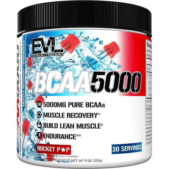 Evlution Nutrition BCAA5000 Powder 5 Grams of Branched Chain Amino Acids (BCAAs) Essential for Performance, Recovery, Endurance, Muscle Building, Keto Friendly, No Sugar (30 Servings, Rocket Pop)