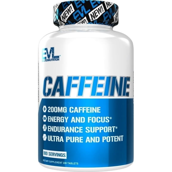 Evlution Nutrition Caffeine - Energy, Focus, & Endurance Support - 200mg of Caffeine Per Serving - Ultra Pure & Potent - Maximize Work, Training & More - Dietary Supplement - 100 Servings-100 Tablets