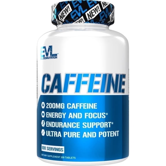 Evlution Nutrition Caffeine - Energy, Focus, & Endurance Support - 200mg of Caffeine Per Serving - Ultra Pure & Potent - Maximize Work, Training & More - Dietary Supplement - 100 Servings-100 Tablets