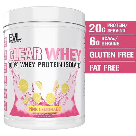 Evlution Nutrition Clear Whey - 100% Whey Protein Isolate - For Muscle Growth, Strength & Recovery - 20g Isolate Protein Per Serving - Fast Absorbing - Gluten & Fat Free - 1.1lb - Pink Lemonade