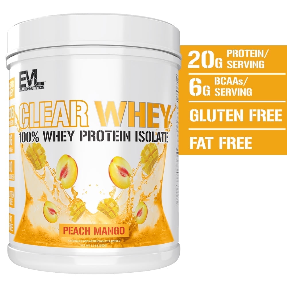 Evlution Nutrition Clear Whey - 100% Whey Protein Isolate - For Muscle Growth, Strength & Recovery - 20g Isolate Protein Per Serving - Fast Absorbing - Gluten & Fat Free - 1.1lb - Peach Mnago