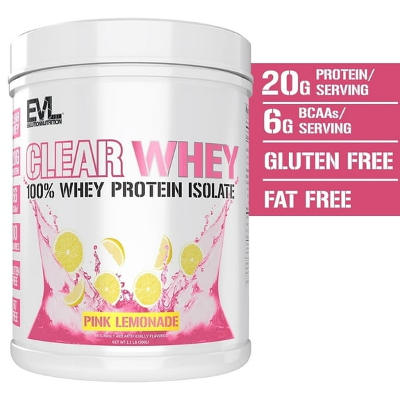 Evlution Nutrition Clear Whey - 100% Whey Protein Isolate - For Muscle Growth, Strength & Recovery - 20g Isolate Protein Per Serving - Fast Absorbing - Gluten & Fat Free - 1.1lb - Pink Lemonade
