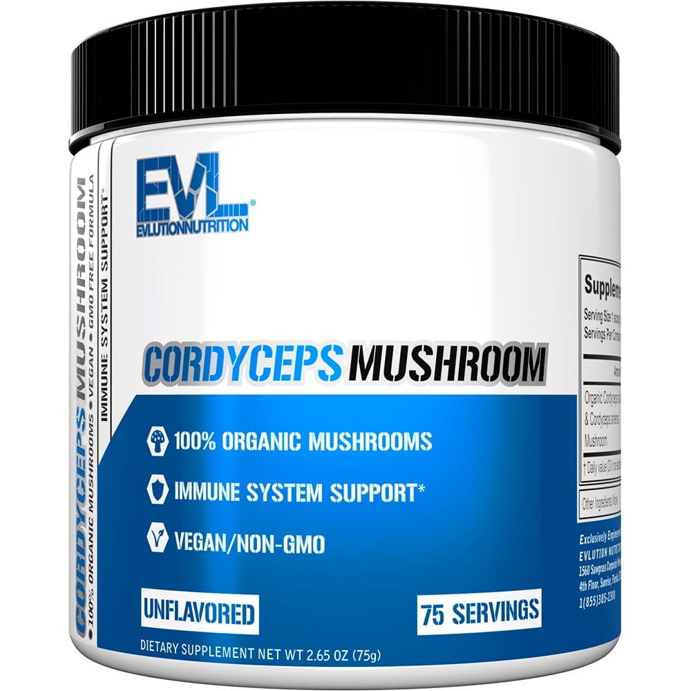 Evlution Nutrition Cordyceps Mushroom - Immune System and Heart Health Support - 1000mg Mushroom Supplement - 100% Organic, Vegan & Non-GMO - For Energy & Performance - 75 Servings