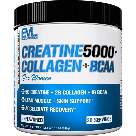 Evlution Nutrition Creatine 5000 + Collagen + BCAA - For Women - Supports Lean Muscle Growth - 5g Creatine Monohydrate, 2g Collagen Peptides & 1g BCAAs Per Serving - 30 Servings - Unflavored Powder