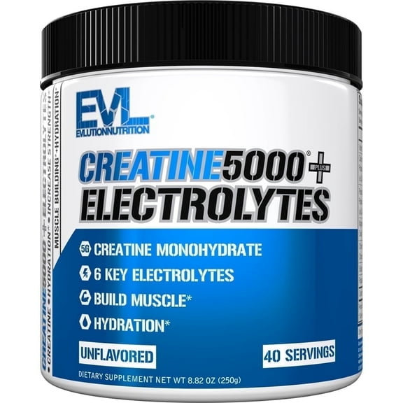 Evlution Nutrition Creatine 5000 + Electrolytes - Supports Faster Recovery, Lean Muscle Growth & Hydration - 5g Creatine Monohydrate & 6 Key Electrolytes Per Serving - 40 Servings - Unflavored Powder
