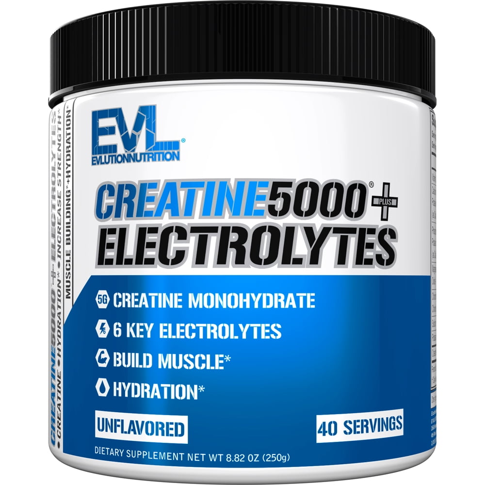 Evlution Nutrition Creatine 5000 + Electrolytes - Supports Faster Recovery, Lean Muscle Growth & Hydration - 5g Creatine Monohydrate & 6 Key Electrolytes Per Serving - 40 Servings - Unflavored Powder